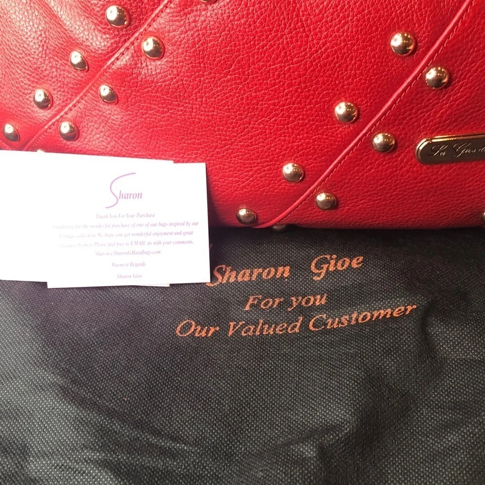 La Giodi de Toscana Red Studded Soft Leather Hobo Handbag Zip top Roomy NWOT